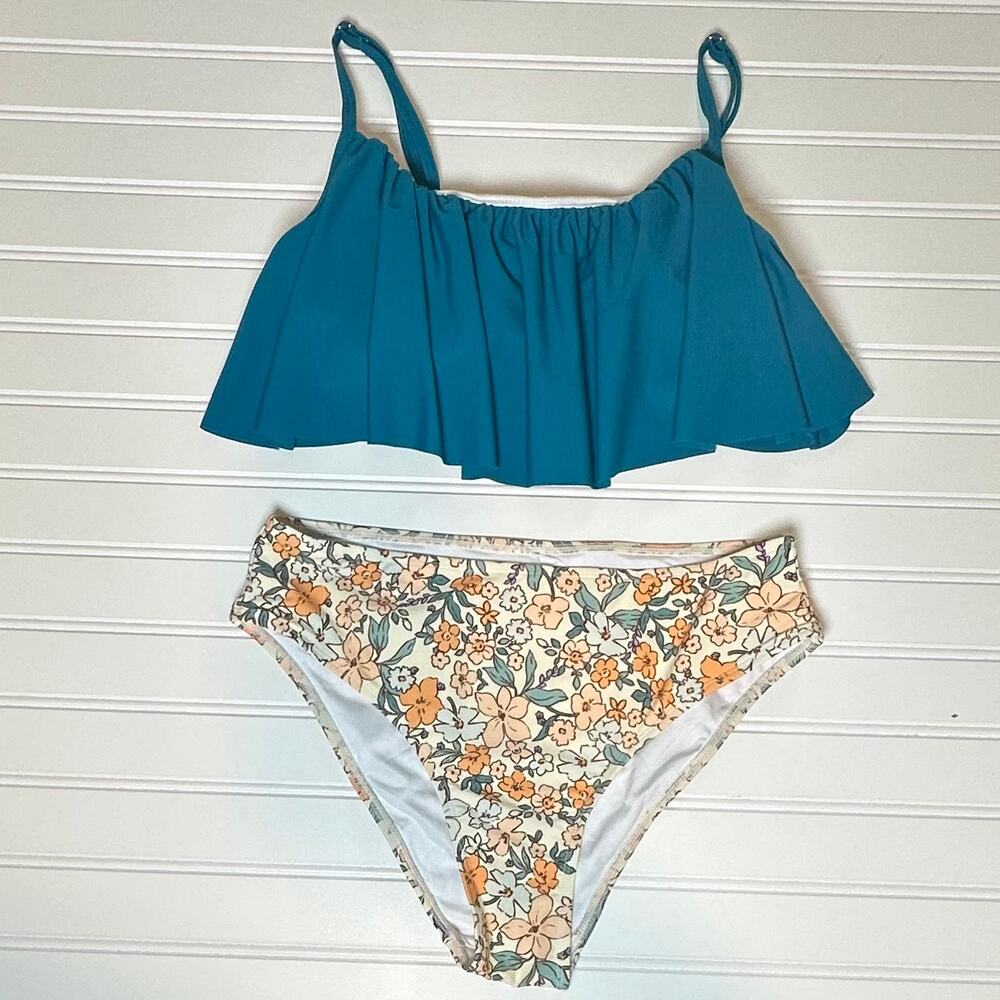 Cupshe Women Green Smocked Bikini Set Floral Ruffle High Waist 2 Piece S